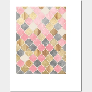 Silver Grey, Soft Pink, Wood & Gold Moroccan Pattern Posters and Art